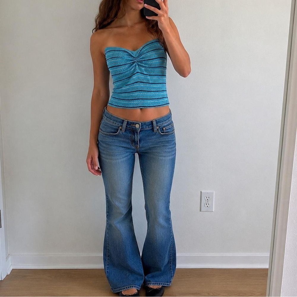 Vintage Blue Smocked Knit Tube Top Women S Festival Summer Coastal Rave 2000s